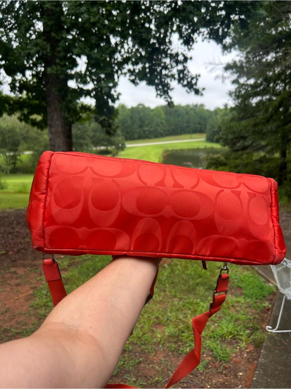 Coach F77577 Signature Nylon Diaper Bag Travel Tote Coral Red Crossbody - Picture 9 of 16